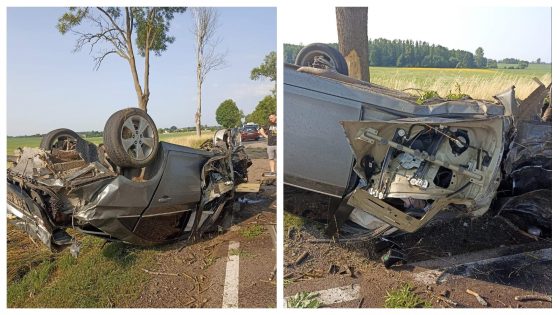 DK66. W rejonie Kadłubówki kierowca stracił panowanie nad autem, dachował i uderzył w drzewo